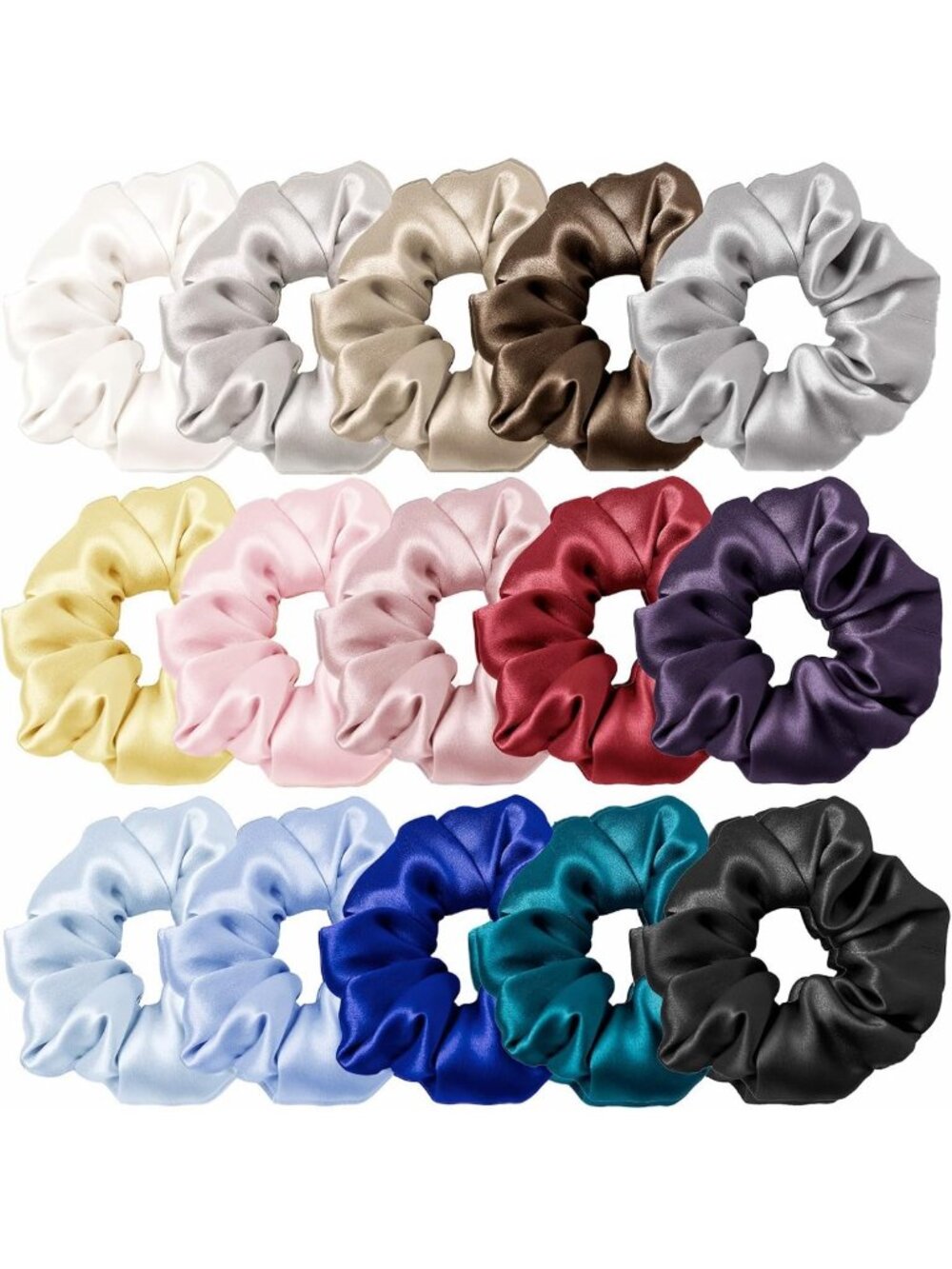 Silk Scrunchies & Ponytail Holders - 100% Mulberry Silk, Frizz Prevention, 15PC